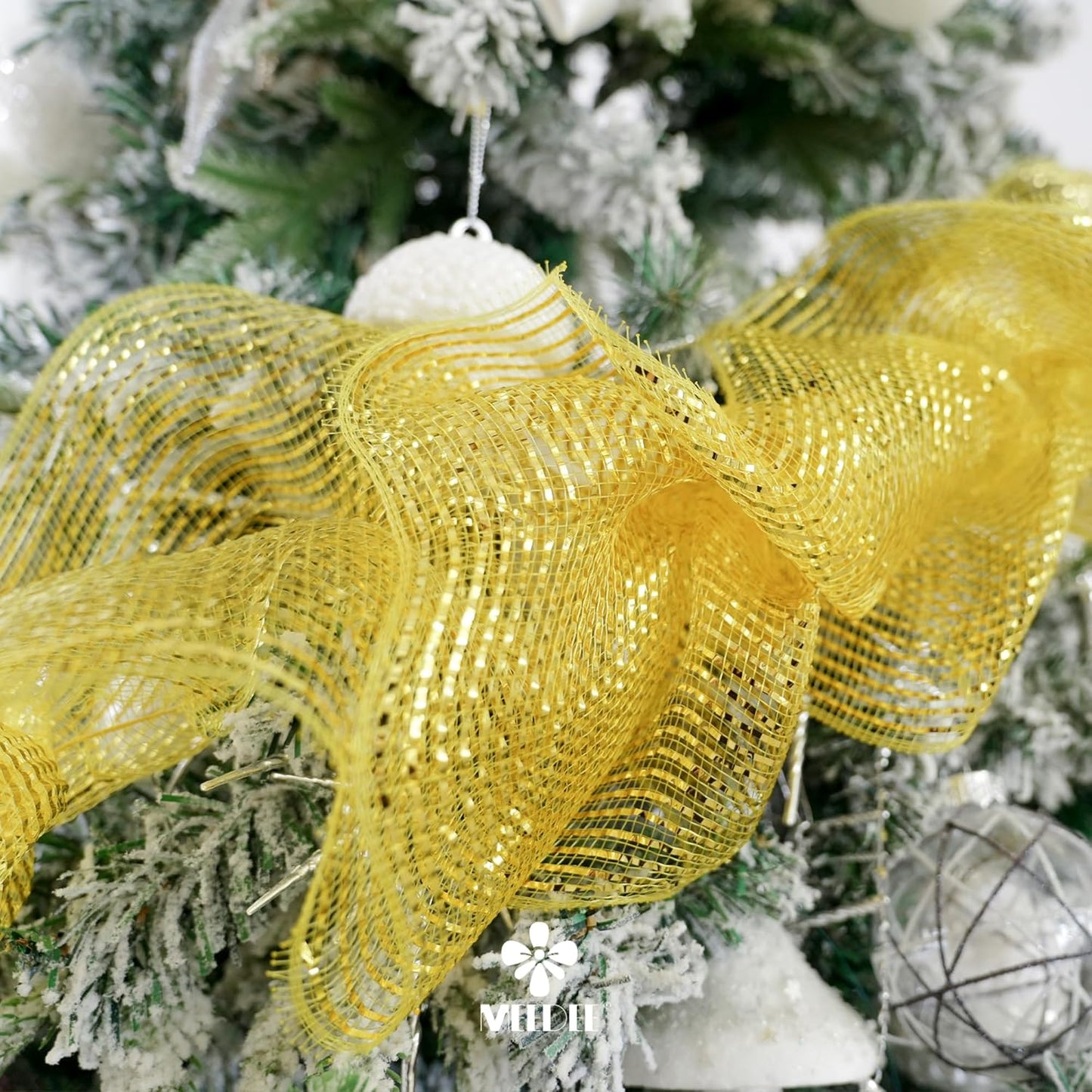 MEEDEE Gold Deco Mesh 10 Inch Deluxe Wide Foil Metallic Pull Up Mesh Yellow Gold Decorative Mesh Ribbon for Christmas Tree, Wreaths, Garland, Gift Wrapping, Bows Making (30 Feet)