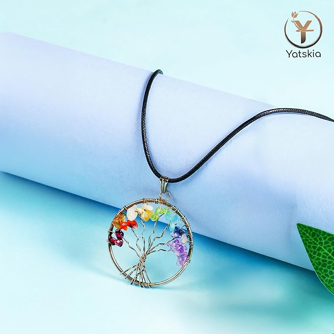 Chakra Tree of Life - Wrapped On Natural Geode Agate Slice Base, w/ Tree of Life Necklace - Chakra Decor, Crystals and Healing Stones, Feng Shui Tree, Seven Chakra Tree, 7 Chakra Tree, Bonsai Tree