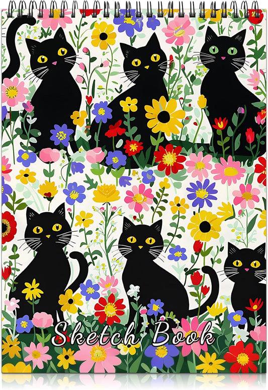 Cabreche Cute Sketchbook Top Spiral Bound Sketch Pad, 9 x 12 inch,100GSM Thick Paper,50 Sheets 100 Pages,Art Sketch Book Artistic Writing Drawing Paper for Girls Women Beginners-Flower Cat