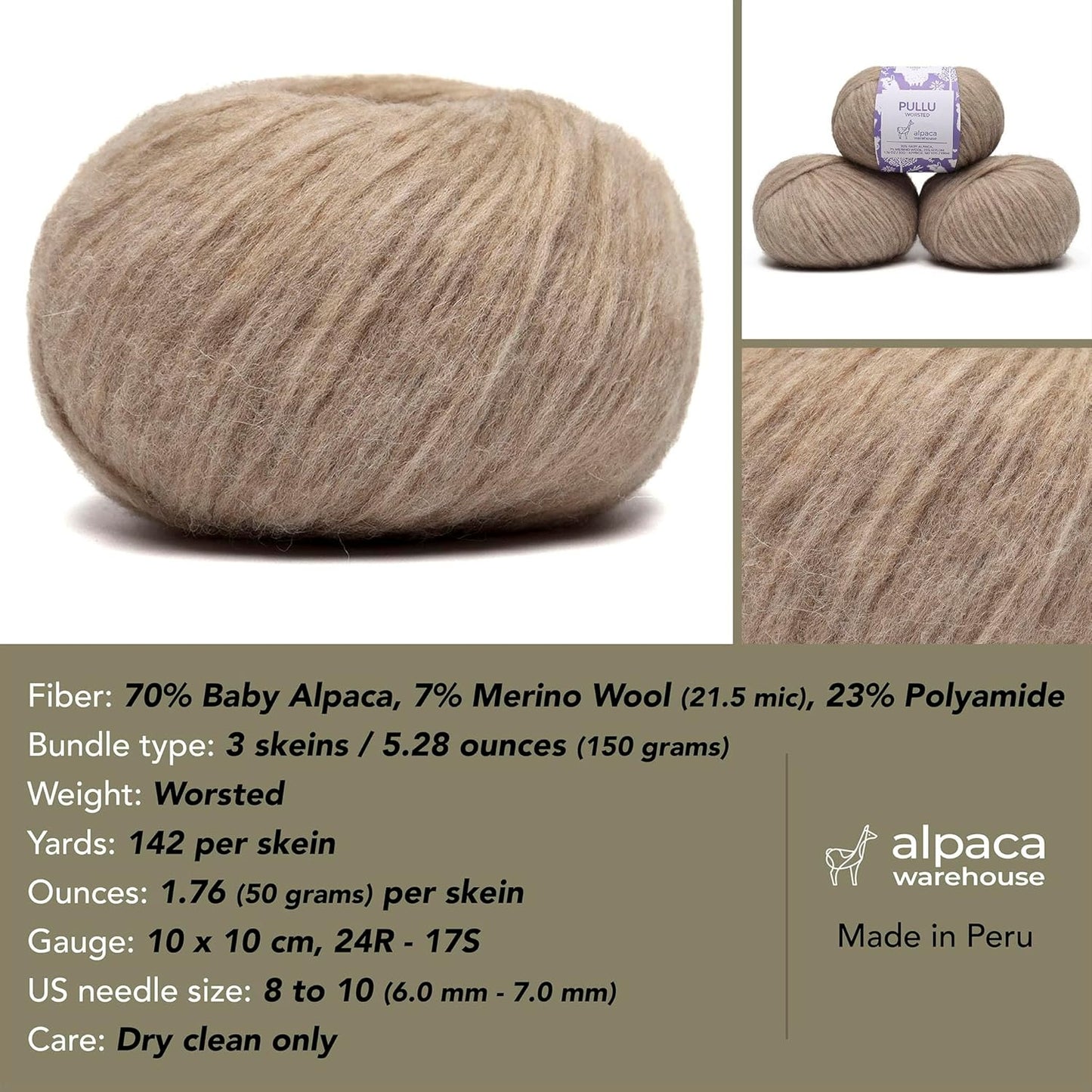 Pullu - Baby Alpaca Merino Wool Yarn Set of 3 Skeins (150 Grams) Worsted Weight - Sourced Directly from Peru - Heavenly Soft and Perfect for Knitting and Crocheting (Heather Beige)