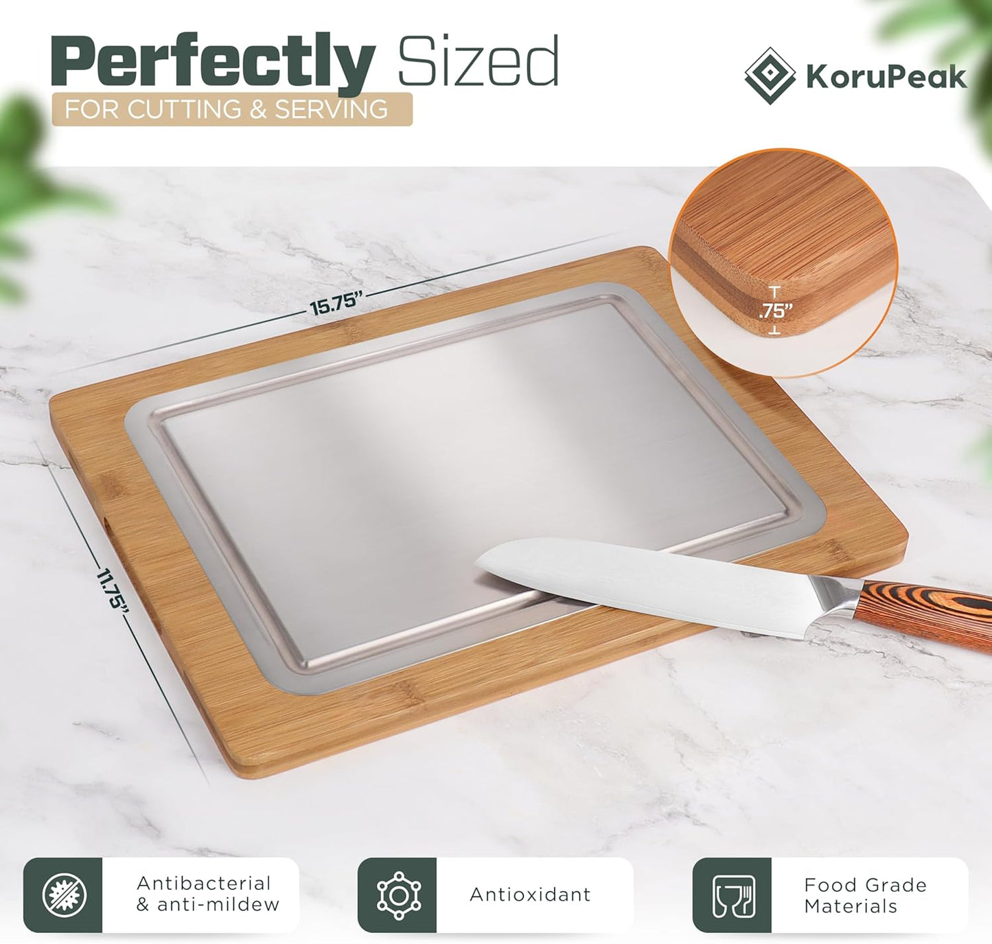 Pure Titanium Cutting Board - Double-Sided Titanium Cutting Board for Kitchen with Bamboo Side - Large 16"x12"