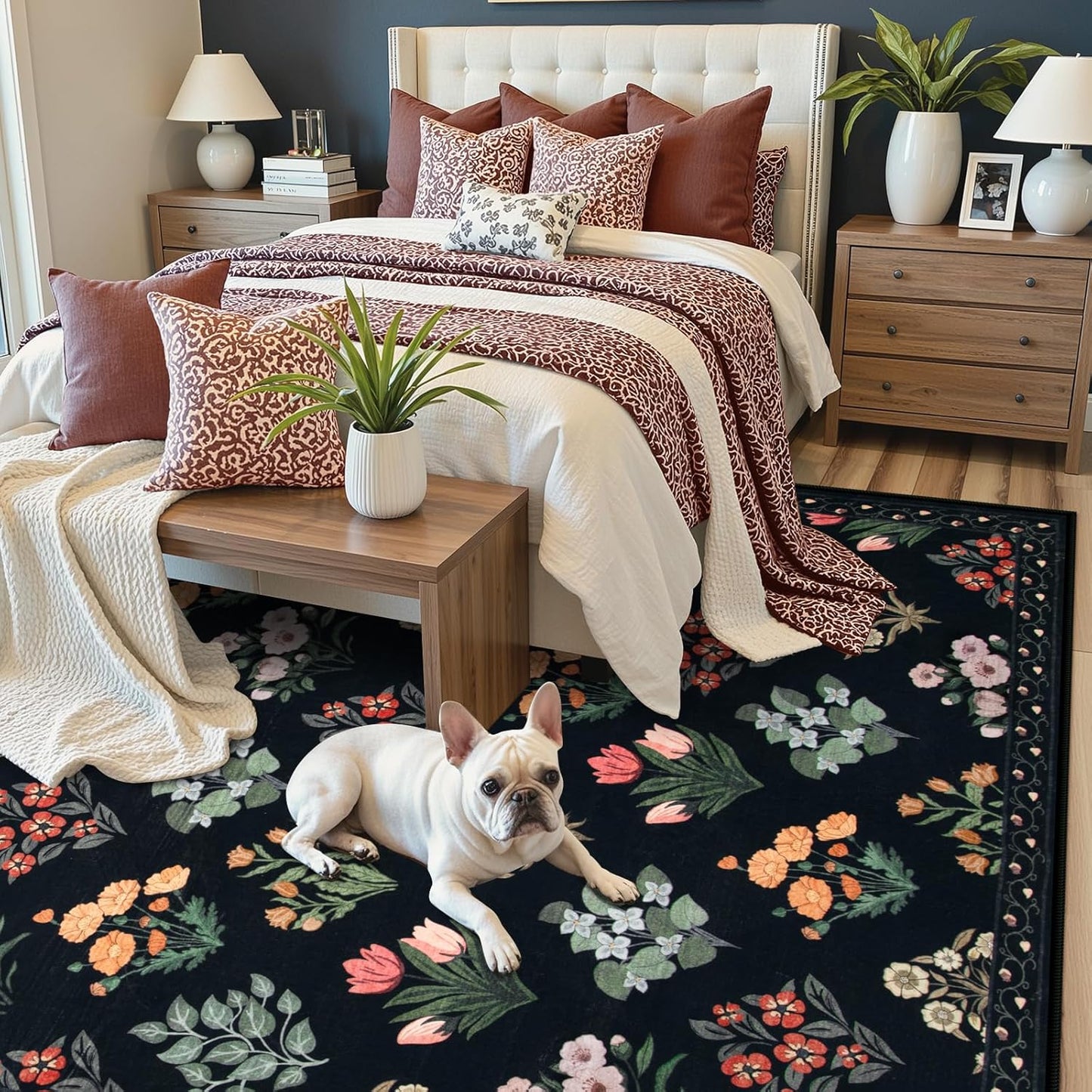 Wonnitar Floral Print 8x10 Washable Rug, Non Slip Black Dining Room Rug, Moroccan Large Stain Resistant Low Pile Indoor Carpet for Bedroom Playroom Home Decor, Black/Multi