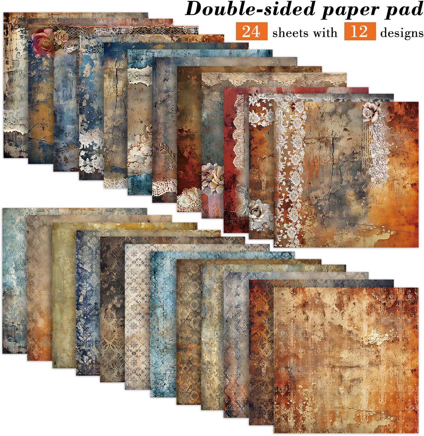 6'' Vintage Lace Scrapbook Paper Pad - 24 Sheets Double Sided Origami Cards for Junk Journal Collage Supplies Cards Decor Gifts Crafts DIY Wrapping Decorative Folded Photo Album