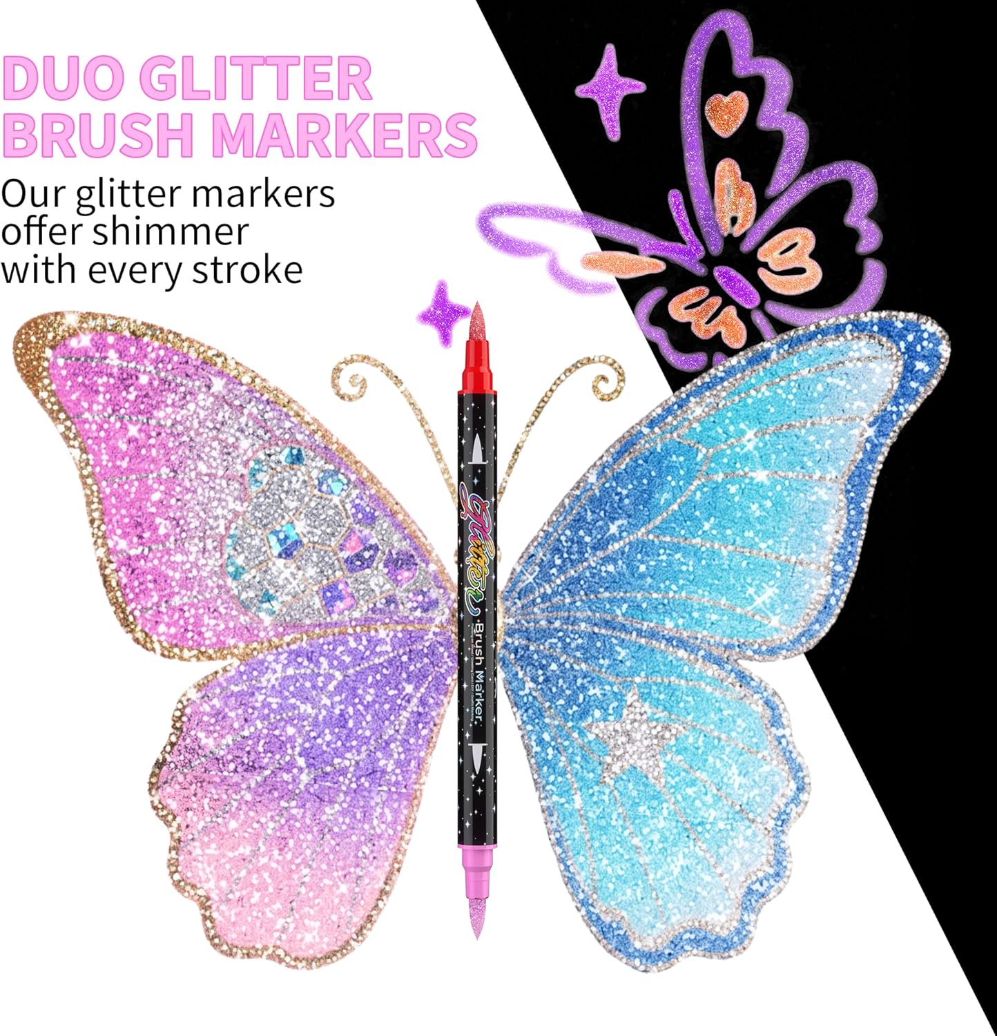 24 Colors Dual-tip Watercolor Markers, 12 Pack Glitter Brush Markers, Water-based Ink Sparkle Pen,Glitter Paint Pens for Adults Coloring,DIY Crafts,Doodle Writing, Art Crafts Gifts