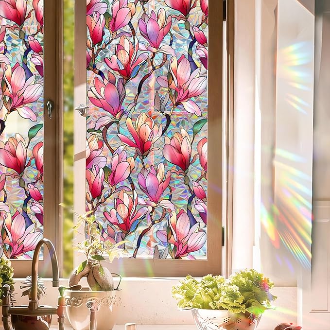 Stained Glass Window Film UV Resistant Window Privacy Film Pink Floral Privacy Rainbow Decals Living Room Bedroom Sun Blocking Decor Removable Static Cling Stickers 17 x 39.37 Inch