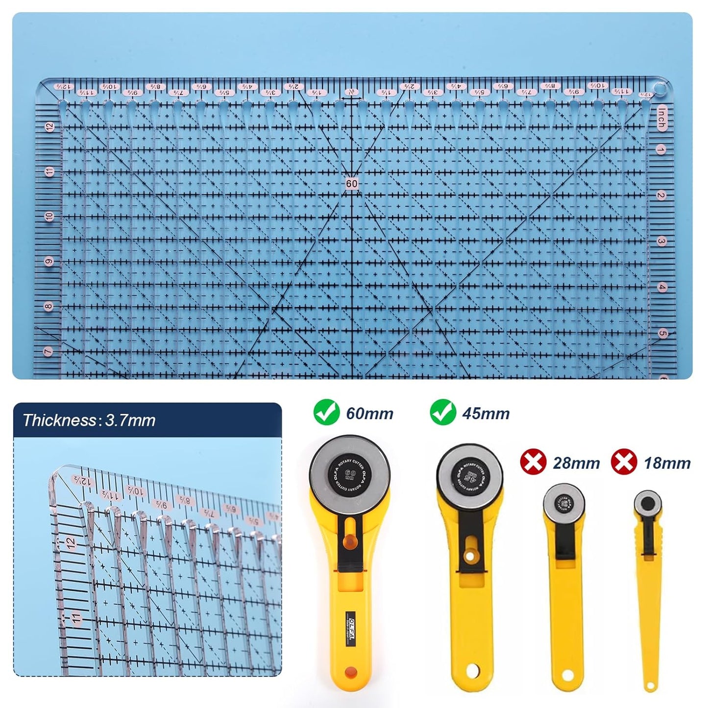 Quilting Ruler, 12.5 x 12.5 Inches, Slotted Design for Precise Fabric Cutting