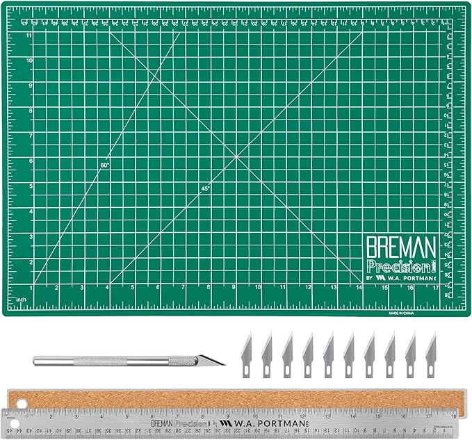 WA Portman 12x18 Inch Self Healing Cutting Mats for Crafts – Fabric Cutting Mat with Precision Craft Knife, 10 Hobby Knife Blades & Metal Ruler 18 Inch Cork Backed Ruler – All-in-One Craft Kit