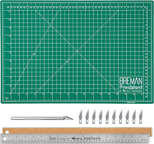 WA Portman 12x18 Inch Self Healing Cutting Mats for Crafts – Fabric Cutting Mat with Precision Craft Knife, 10 Hobby Knife Blades & Metal Ruler 18 Inch Cork Backed Ruler – All-in-One Craft Kit