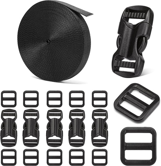 5/8" Buckle and Strap Set: 6 Yards of Thick Nylon Webbing, 6 Pack Quick Side Release Adjustable Plastic Buckles, 12 Tri-Glide Slide Clips, Black (5/8" Combo Set)