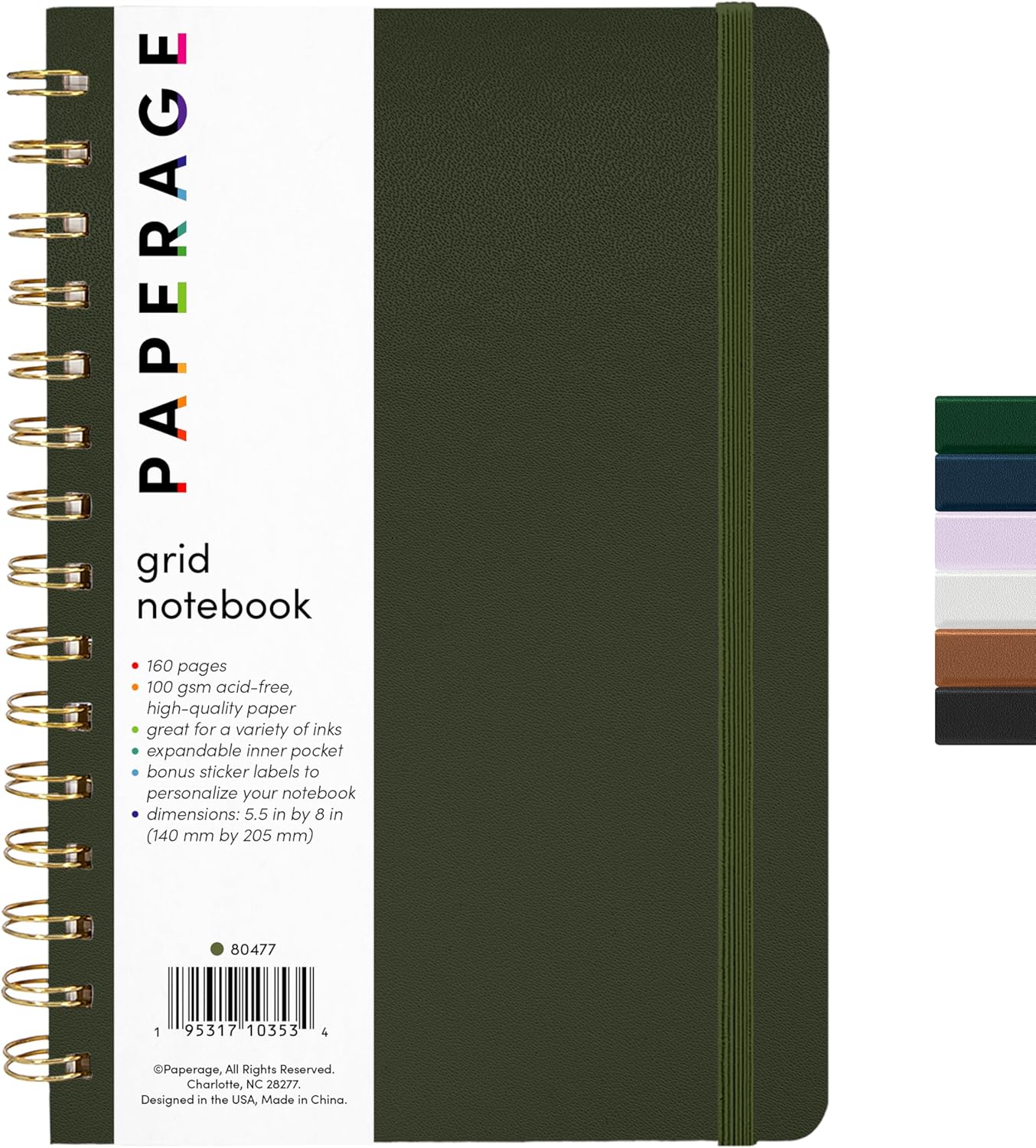 PAPERAGE Graph Paper Spiral Notebook & Journal, (Olive Green), 160 Pages, Medium 5.5 inches x 8 inches - 100 GSM Thick Graphing Paper, Hardcover, Double-Wire Grid Spiral Notebook