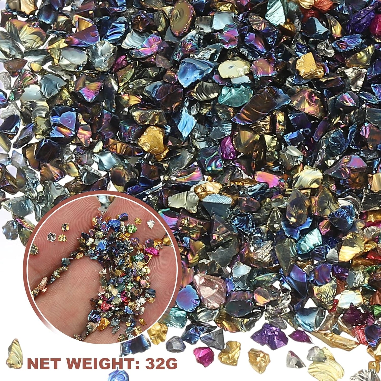 uxcell 6 Colors Crushed Glass Chips, 1-3mm Irregular Glitter Metallic Glass Broken Glasses Pieces with Laser Bag for Craft DIY Vase Epoxy Halloween Decoration 32g, Multicolor