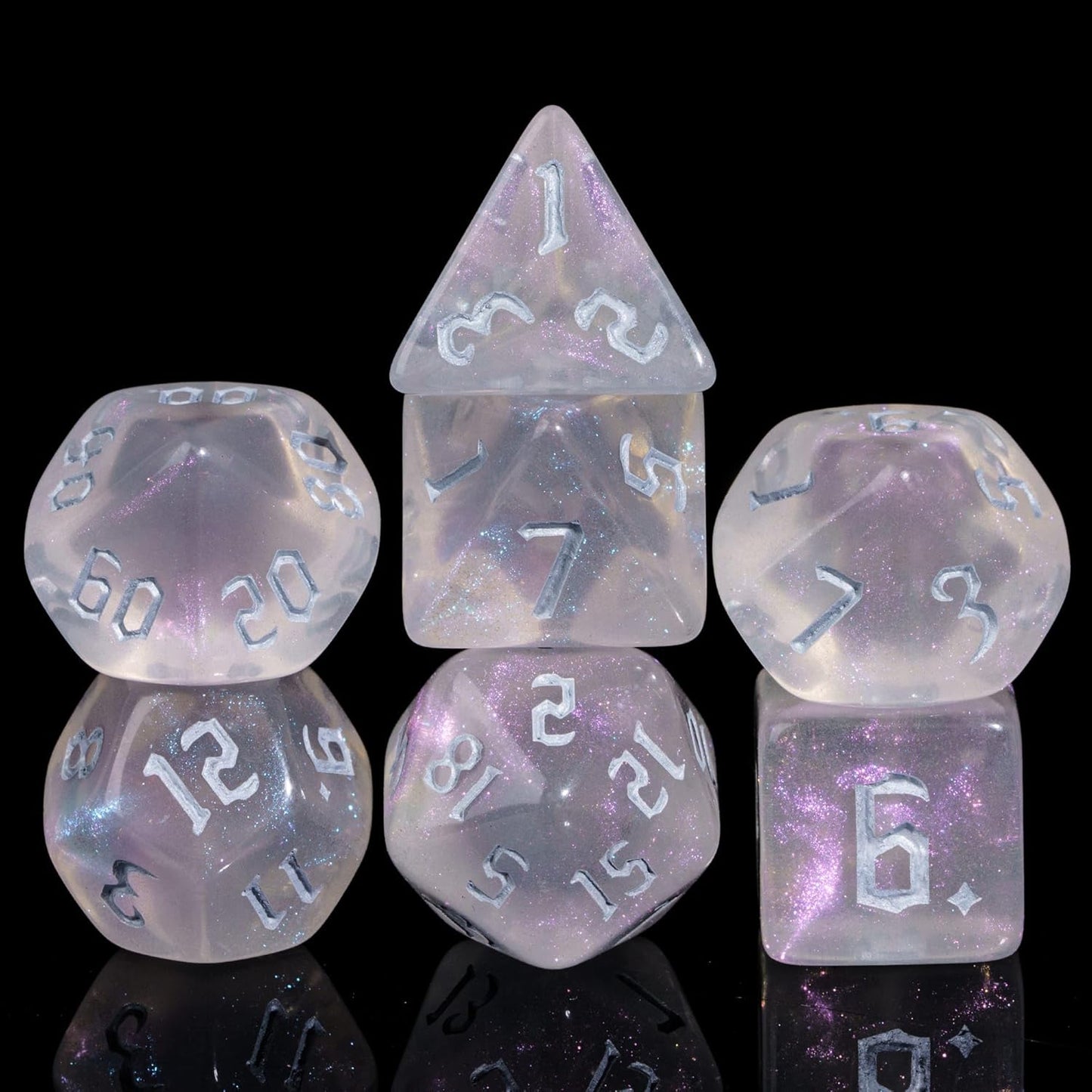 7-Die DND Dice Set Polyhedral Dice Set with Leather Bag D&D Dice Set for RPG Table Games (Transparent w/Glitter)
