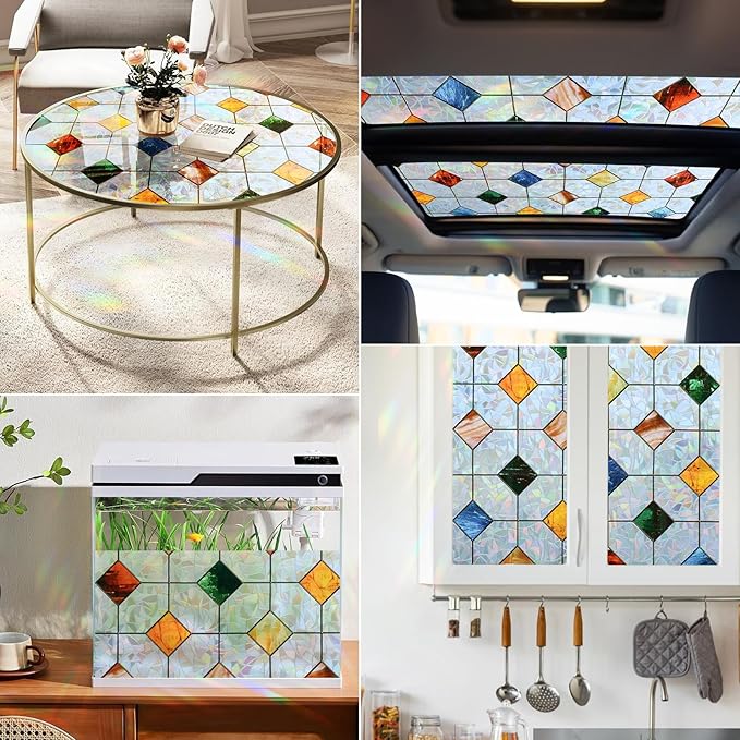 DKTIE Colorful Gem Lattice Pattern Decorative Window Privacy Film Rainbow Stained Glass Window Film Classroom Decor Renter Friendly Decor (S533, 29.5in X 118.1in)