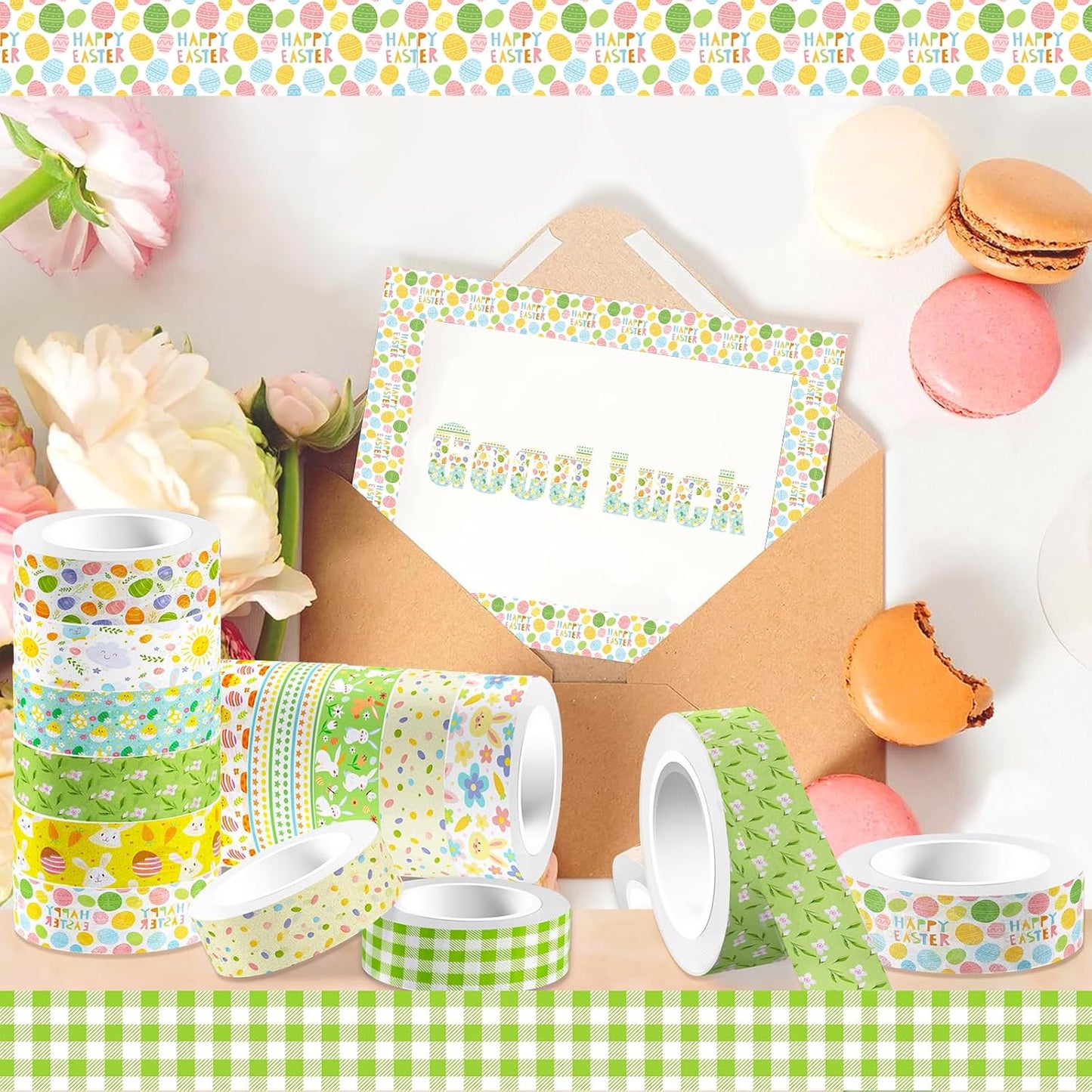 12 Rolls Summer Washi Tape, Green Plaid Colorful Floral Masking Tape, Cute Animal Decorative Sticker for Summer Scrapbook Journal DIY Craft Birthday Gift Wraps 16.4FT