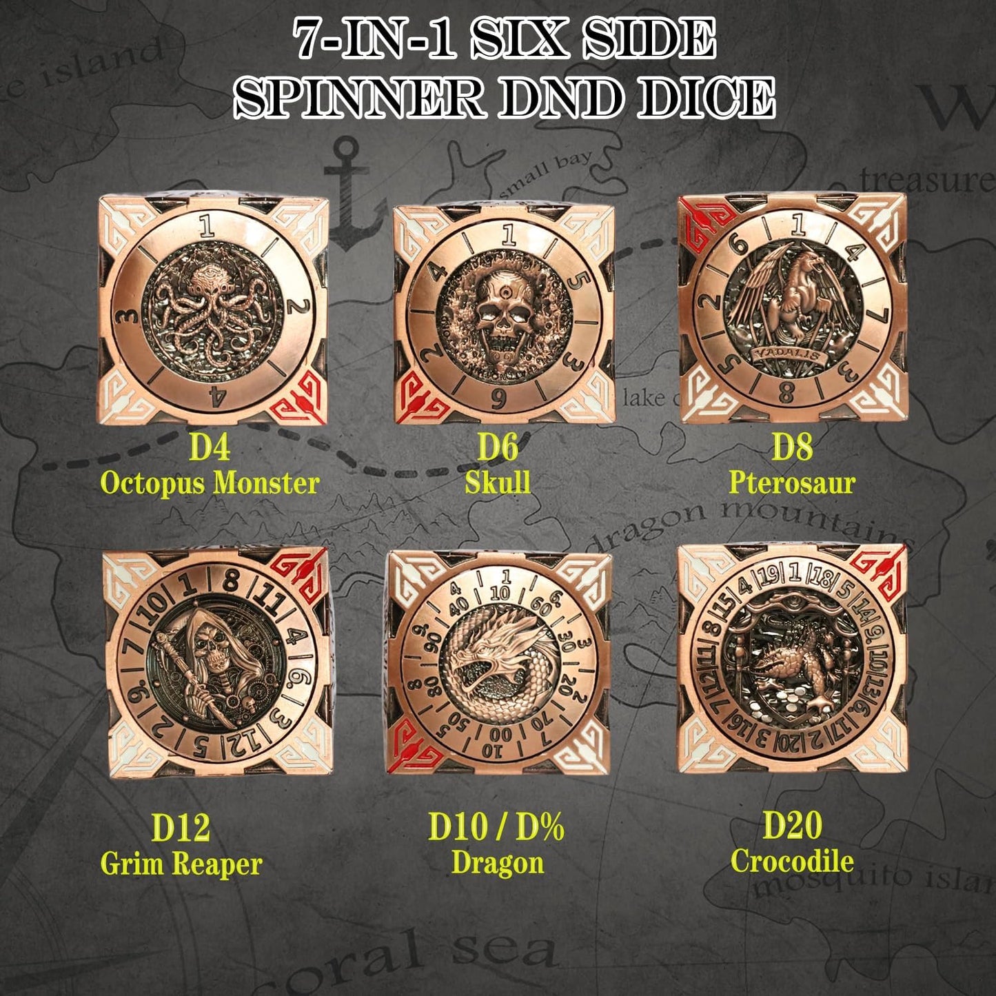 6 Sided Spinner DND Dice - Metal D4 D6 D8 D10 D10% D12 D20 All in One D&D Set - Cool Role Playing Gifts for Dungeons and Dragons TRPG MTG Games Lover Players Red Copper