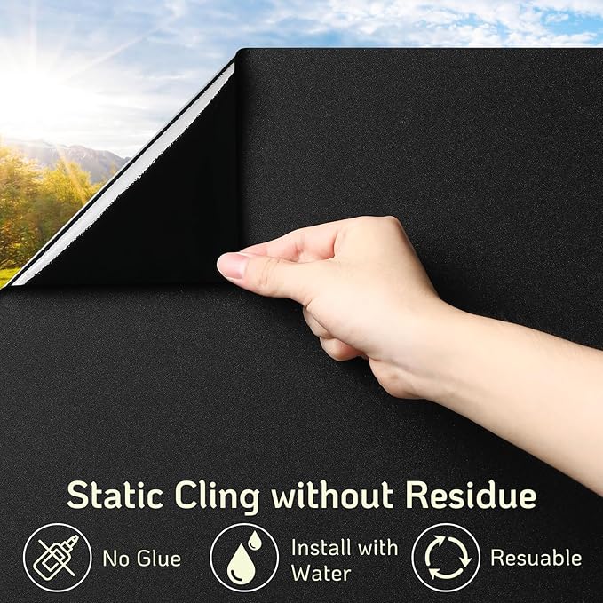 LUTE Blackout Window Film, Sun Light Blocking Frosted Privacy Cling for Glass, Darkening Window Tint for Day Sleep Black Out Shades, UV Blocking Static Cling Blackout Cover, 35.4" x 157.4"