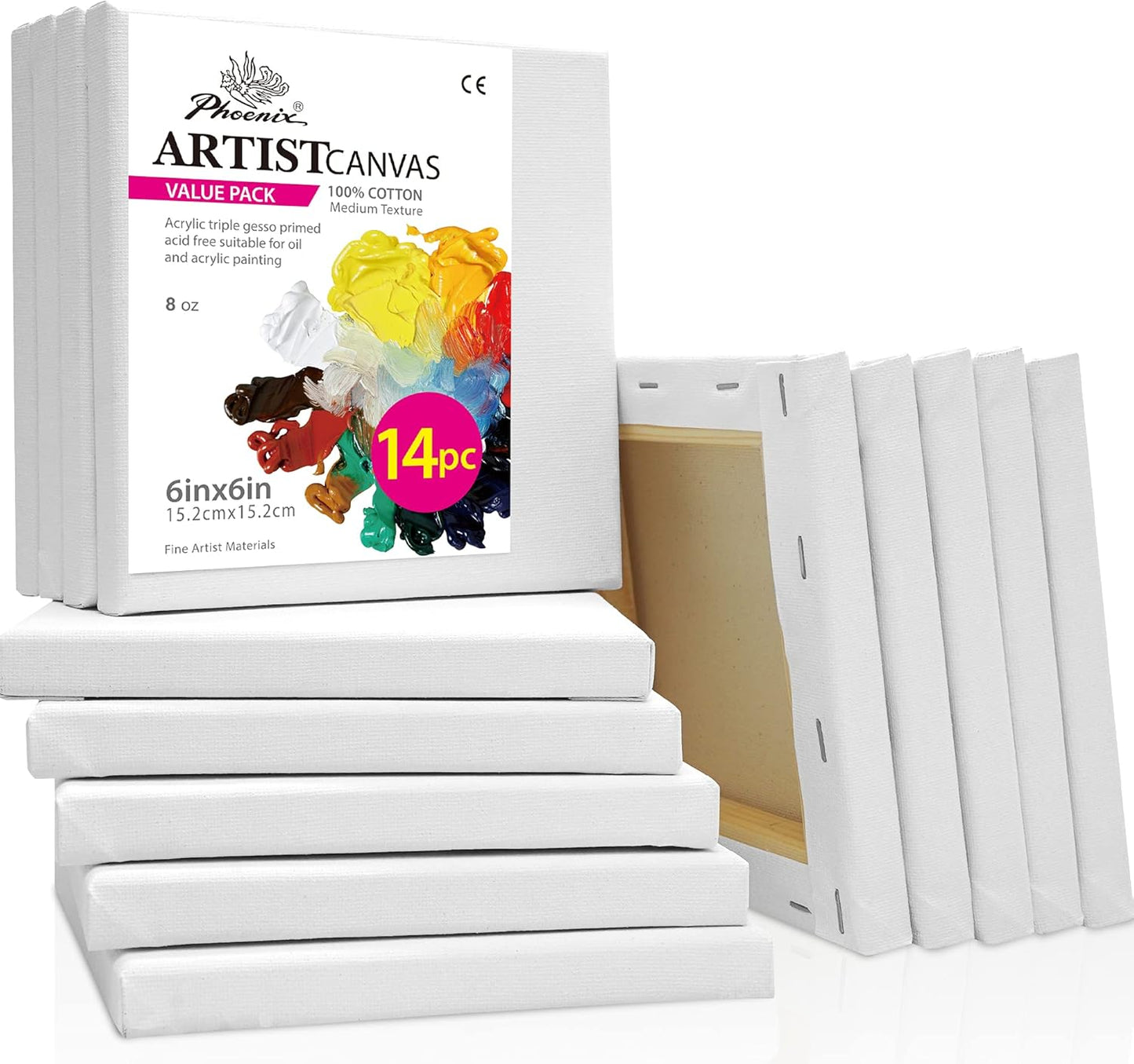 PHOENIX Small Stretched Canvas for Painting 6x6 Inch/14 Bulk Pack, 8 Oz Triple Primed 5/8 Inch Profile 100% Cotton White Blank Canvas, Square Framed Canvas for Oil Acrylic & Pouring Art