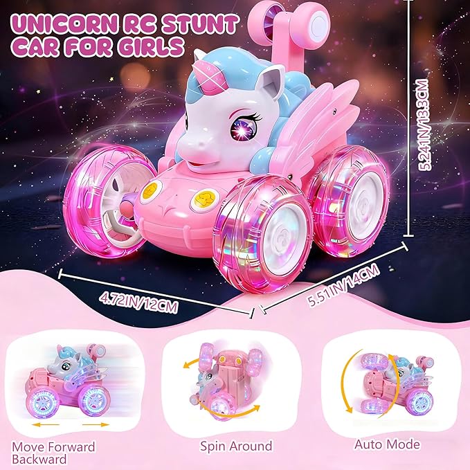 Unicorn Toys RC Car for Girls 4-6 Pink Cute Remote Control Toy for Beginner - Easy-to-Use, 360°Flips Stunt & Cool Blinky Lights - 3 4 5 6 7 8-10 Year Old Girl Birthday Gift Idea Christmas Stuff
