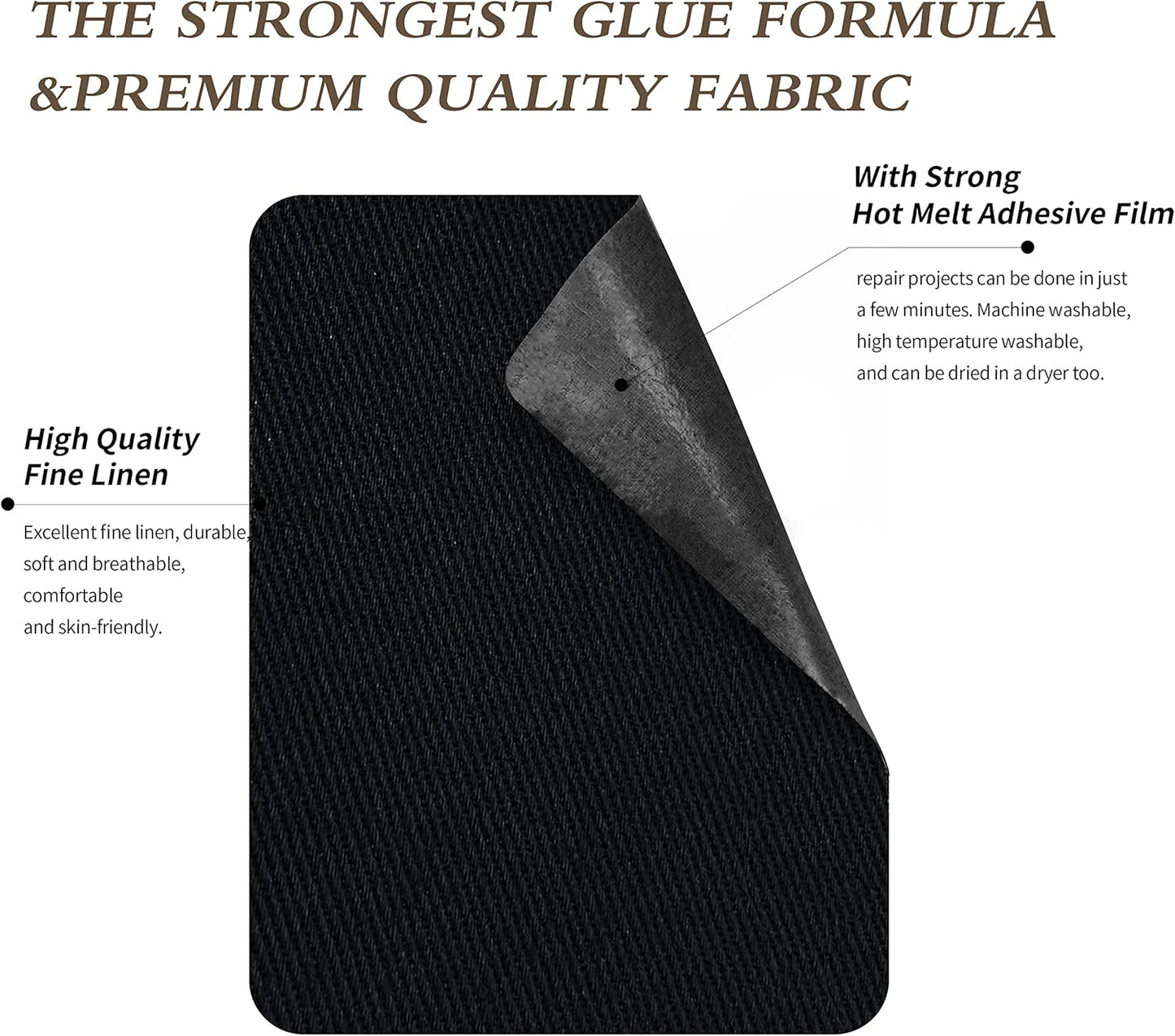 KING MOUNTAIN 100% Cotton Fabric Iron-on Repair Patch, Inside&Outside Clothes Repair Patch, 3"x60" with Backing Glue Repair Decorative Patch kit (Black)