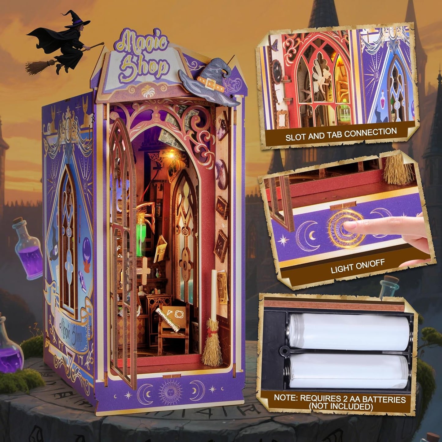 Glow in The Dark Book Nook Kits for Adults, Miniature House Dollhouse Kit for Teens, DIY Crafts for Adults, Bookshelf Decor Magic Shop with LED Light, Gifts for Family and Friends