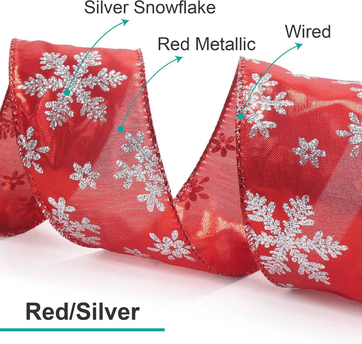 CT CRAFT LLC Red Metallic with Silver Glitter Snowflake Wired Ribbon 2.5 Inch x 25 Yards for Christmas Home Decor Tree Topper Bow Gift Wrapping DIY Crafts Wreath Garland