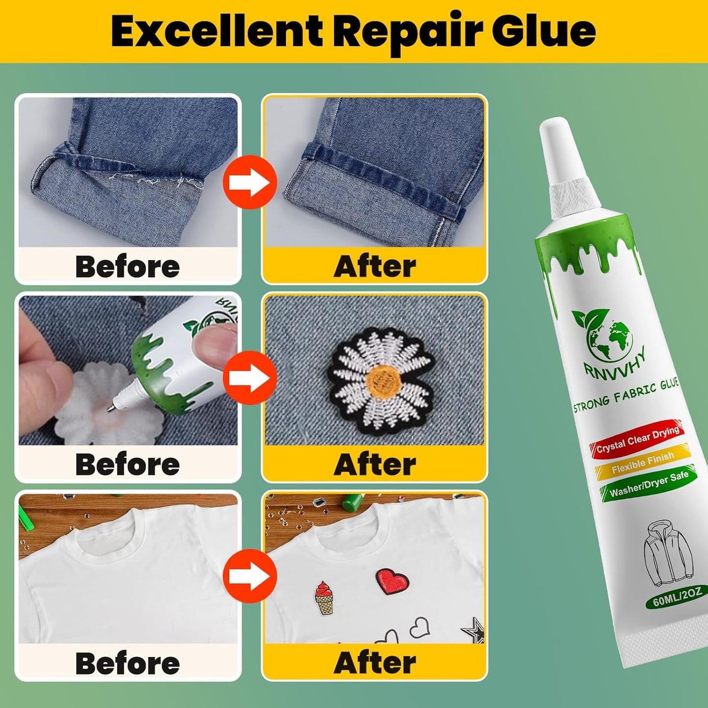 Fabric Glue Permanent, 60ml Super-Strong Clear Washable Fabric Adhesive for Clothing, Patches, Leather, Cotton, Denim, Polyester, Doll Repair (Fabric Glue Kits B)