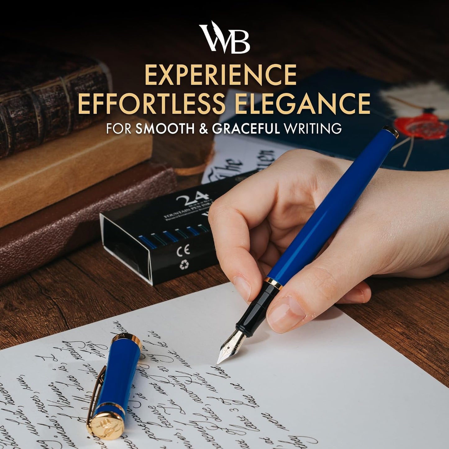 Wordsworth & Black Fountain Pen Set, 18K Gilded Fine Nib, Includes 24 Pack Ink Cartridges, Ink Refill Converter & Gift Box, Gold Finish, Calligraphy, [Imperial Blue], Perfect for Men & Women