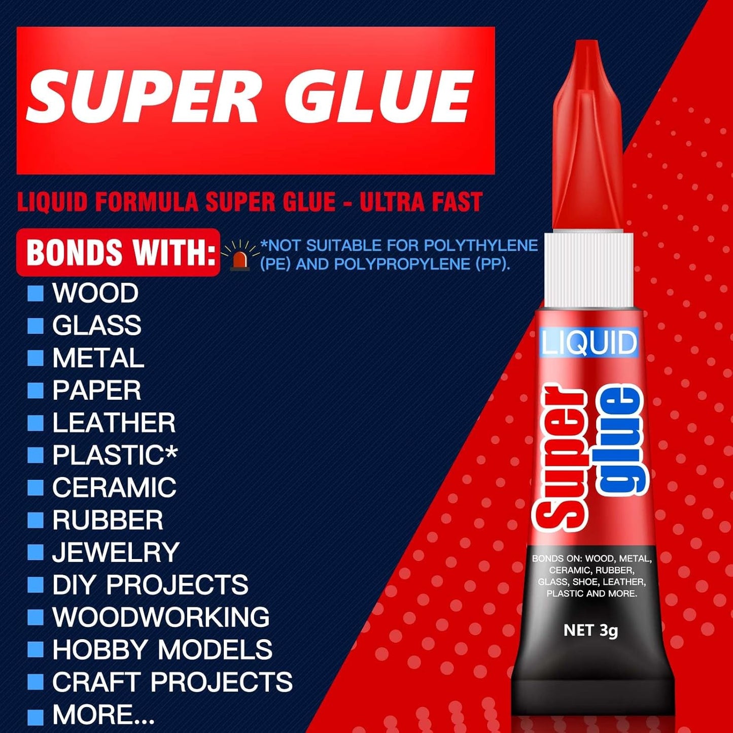 3 Gram (Pack of 12) Single Use Super Glue Liquid, Super Fast, Thin & Strong Adhesive Superglue, Cyanoacrylate Glue for Hard Plastics, DIY Craft, Ceramics, Leather, Metal Etc