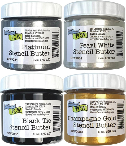 The Crafter's Workshop Stencil Butter - Celebration Acrylic Paint Set - Boutique Metallic Texture Paste for Art, Canvas, Journals, & Cards - 4 x 2oz Jars