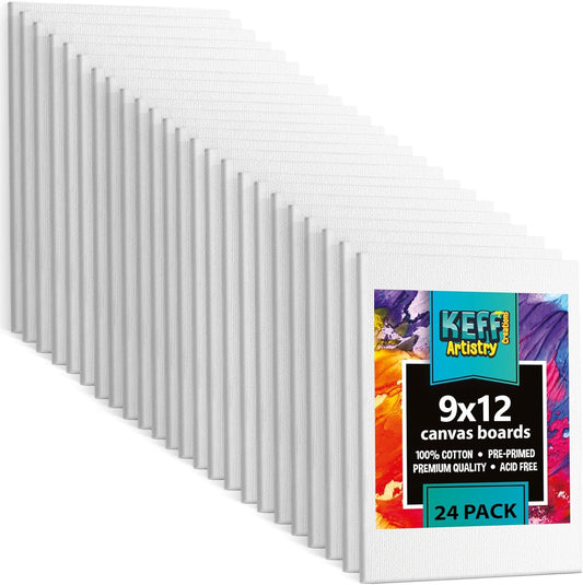 KEFF Canvas Boards for Painting - 9x12 24-Pack Bulk Canvas Panels Value Pack - 100% Cotton Triple Primed Canvases for Painting Supplies, Acrylic, Oil, Watercolor & Tempera
