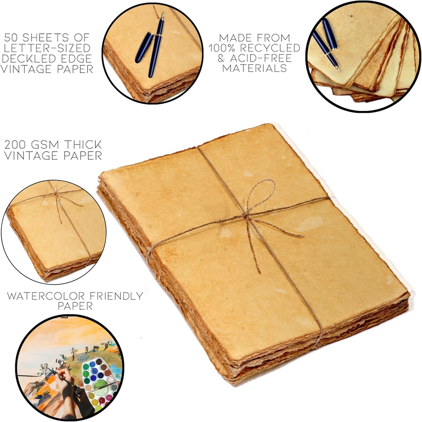 50 Pack Cotton Watercolor Paper with Deckle Edge 200 GSM Rough Textured Watercolor Paper for Writing (Anique, 9x12)