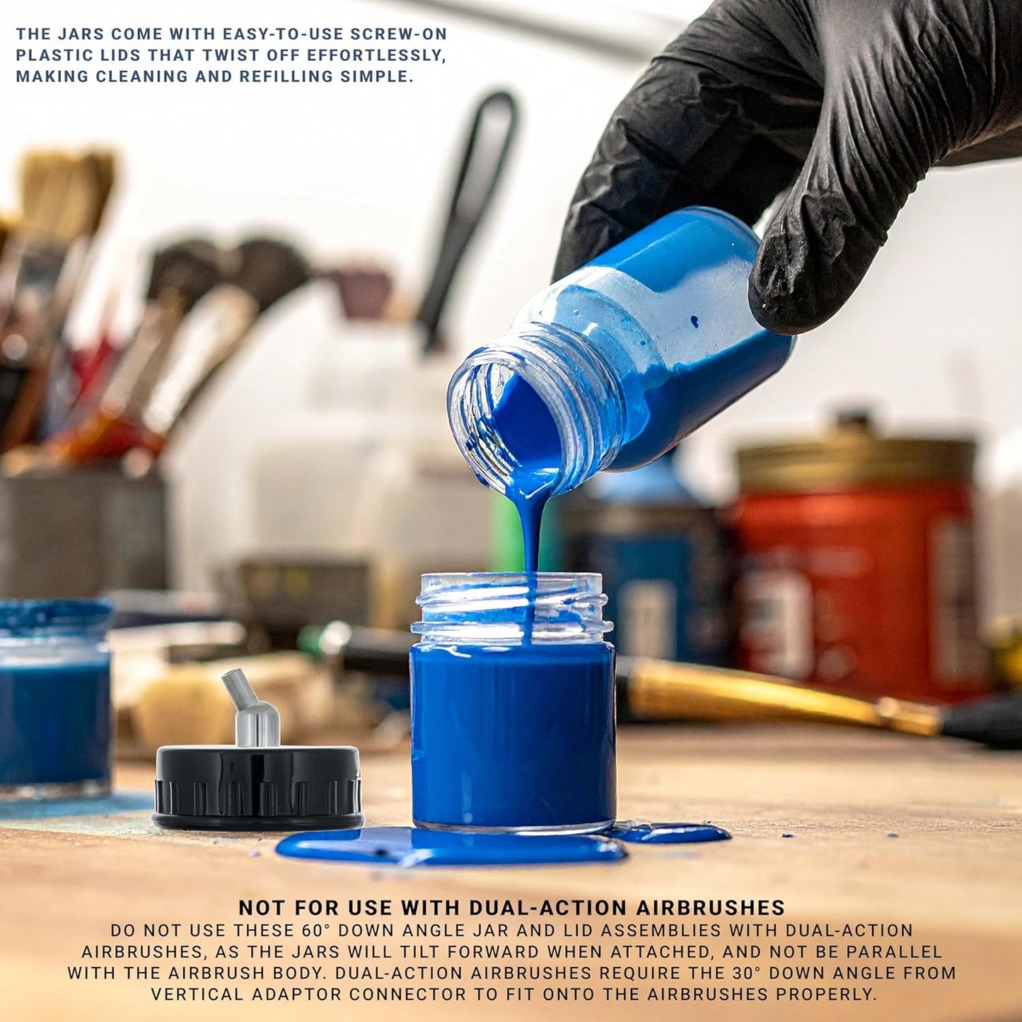 Master Airbrush (Pack of 10) TB-003 Empty 3/4 Ounce (22cc) Glass Jar Bottles with 60° Down Angle Adaptor Lid Assembly - Fits Single-Action Siphon Feed Airbrushes, Use with Master Badger Paasche, Iwata