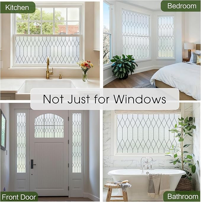 Windimiley Window Privacy Film Stained Glass Static Clings, Bathroom Frosted Leaded Decorative Window Stickers, UV Heat Blocking Opaque Removable for Home Door Coverings (23.6 x 157.5in,Pure)