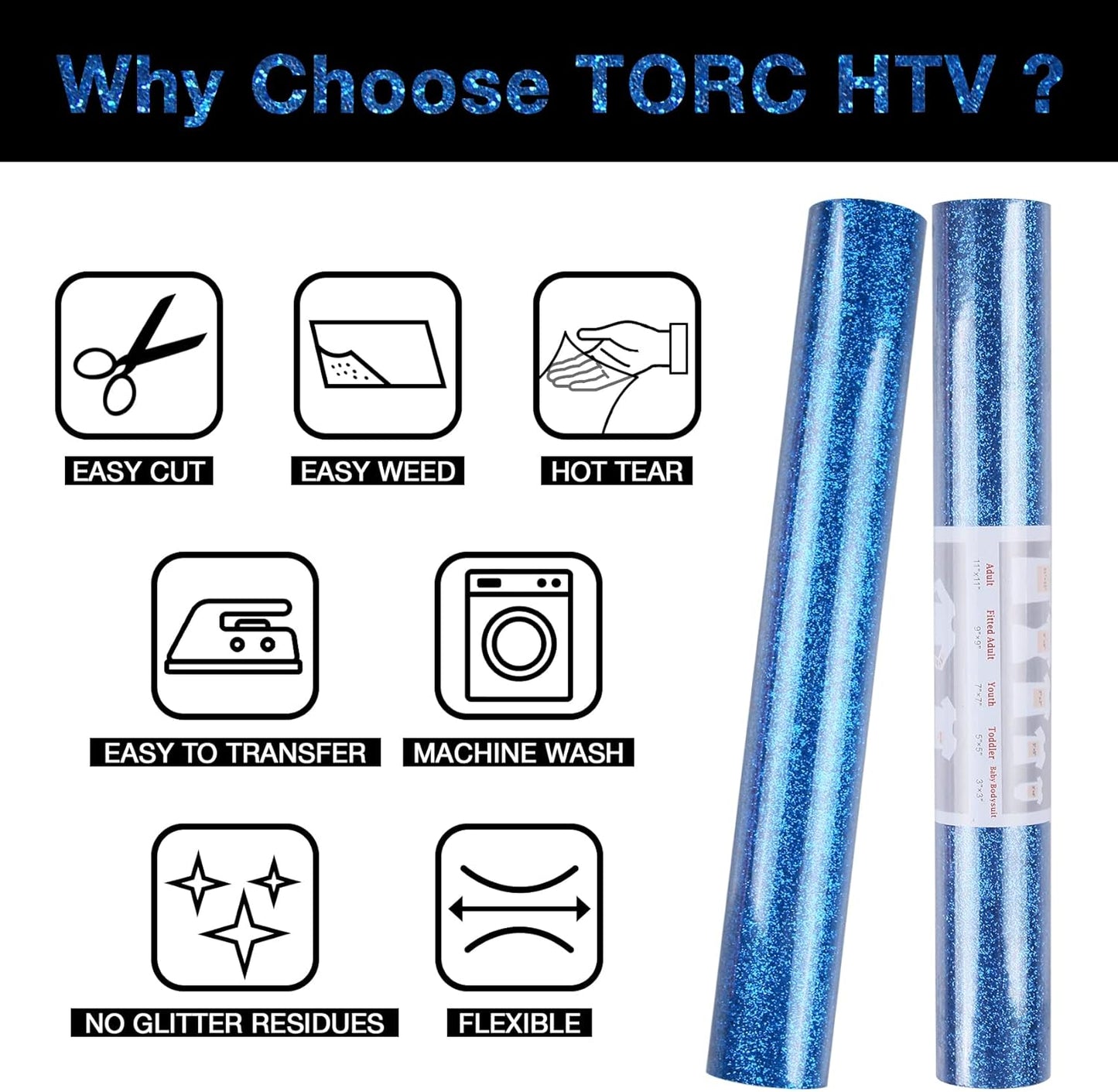 TORC Royal Blue Glitter HTV Heat Transfer Vinyl Roll 12 inch x 5 ft Iron on Vinyl for T Shirts Crafts