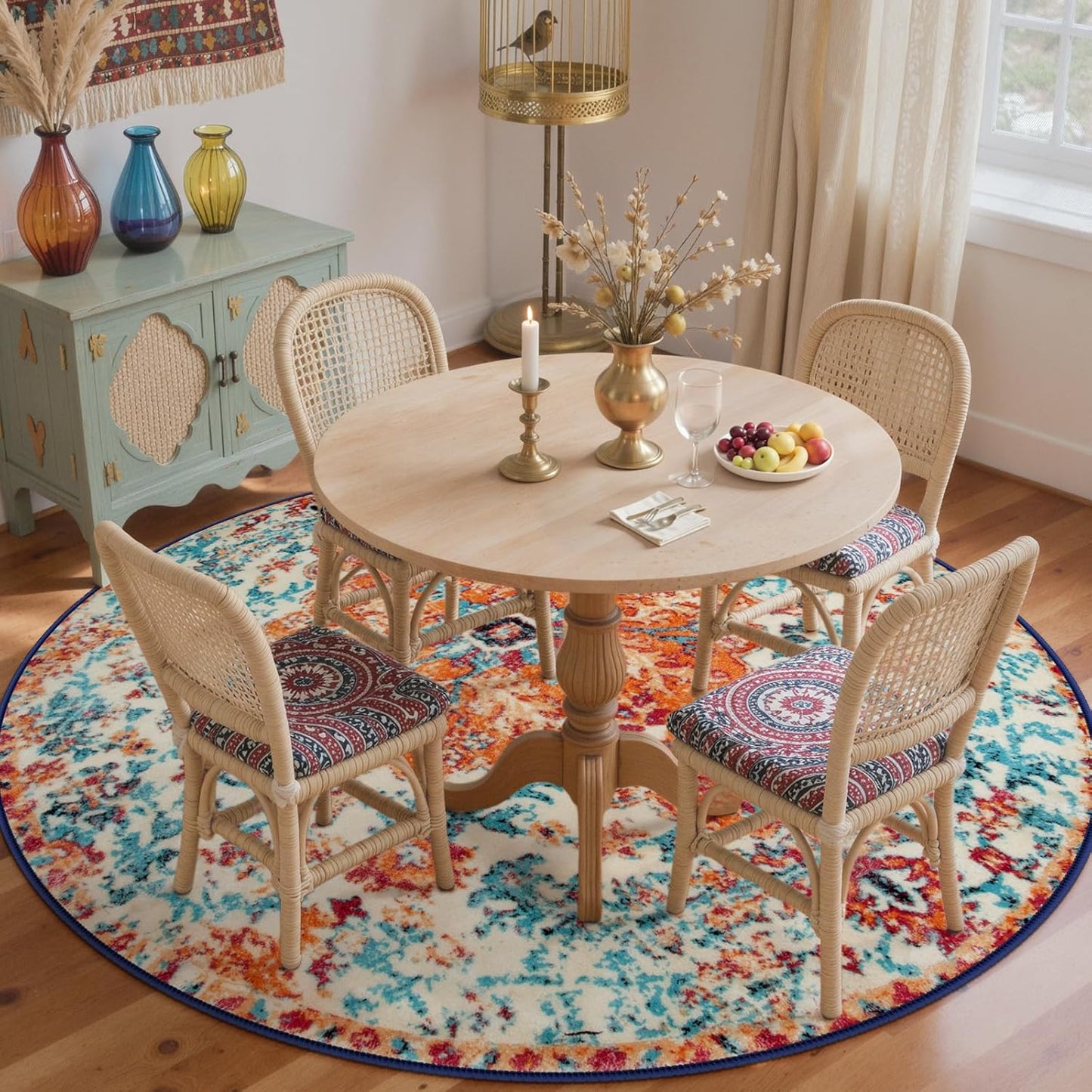 Lahome Bohemian Floral Medallion Round Rug - 6Ft Soft Rug for Living Room Washable Rug for Dining Room, Vintage Faux Wool Non Slip Cute Table Throw Carpet for Coffee Table Nursery Guest Room