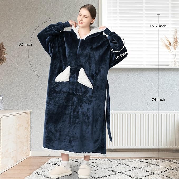 Wearable Blanket Hoodie as Gifts for Women, Long Sherpa Fleece Hooded Blankets with Oversize Hood and Pocket, Warm and Cozy Sweatshirt with Belt, Winter Gift