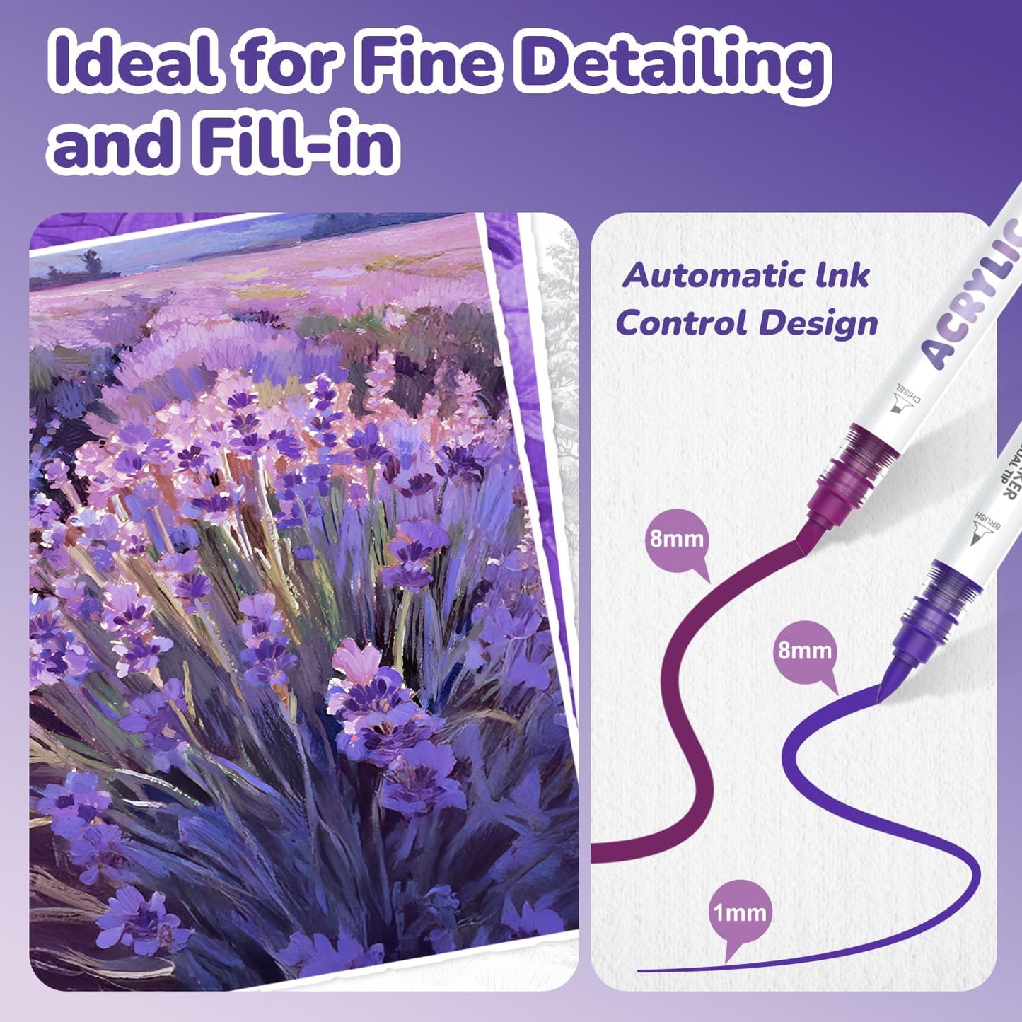 Guangna 12 Purple Dual Tip Acrylic Paint Markers, Brush Tip & Chisel Tip Acrylic Paint Pens for Rock, Wood, Glass, Paper, Coloring Book, Ceramic, Canvas, Water-Based Ink