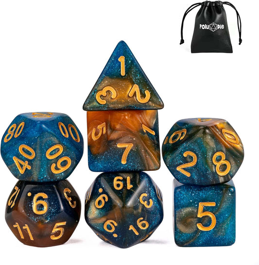 7-Die DND Dice Set Polyhedral Dice Set with a Leather Dice Bag, D&D Dice Set for Dungeons and Dragons, RPG Table Games (Blue Yellow/Glitter)