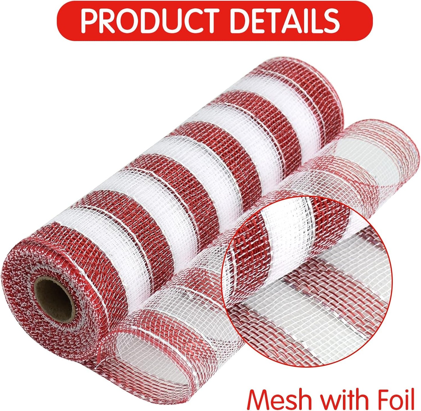 TONIFUL 2 Roll 10 Inch Red and White Striped Decorative Mesh Ribbon Rolls for Indoor Decor Christmas Valentine's Halloween Party Accessories Party Decoration Supplies (10yds/roll)