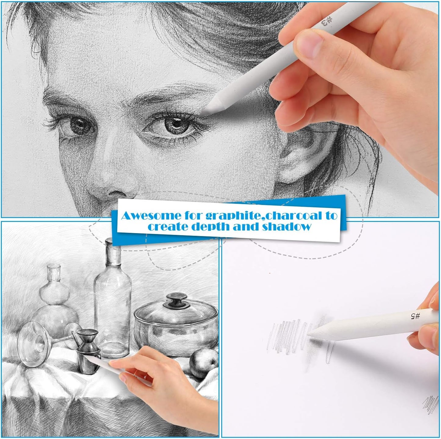 AGPTEK 22 PCS Sketch Drawing Tools, 16 Blending Stumps Set with 2 Sandpaper Pencil Sharpeners, 1 Pencil Extension Tool, 2 Erasers & 1 Felt Bag for Student Sketch Drawing Accessories