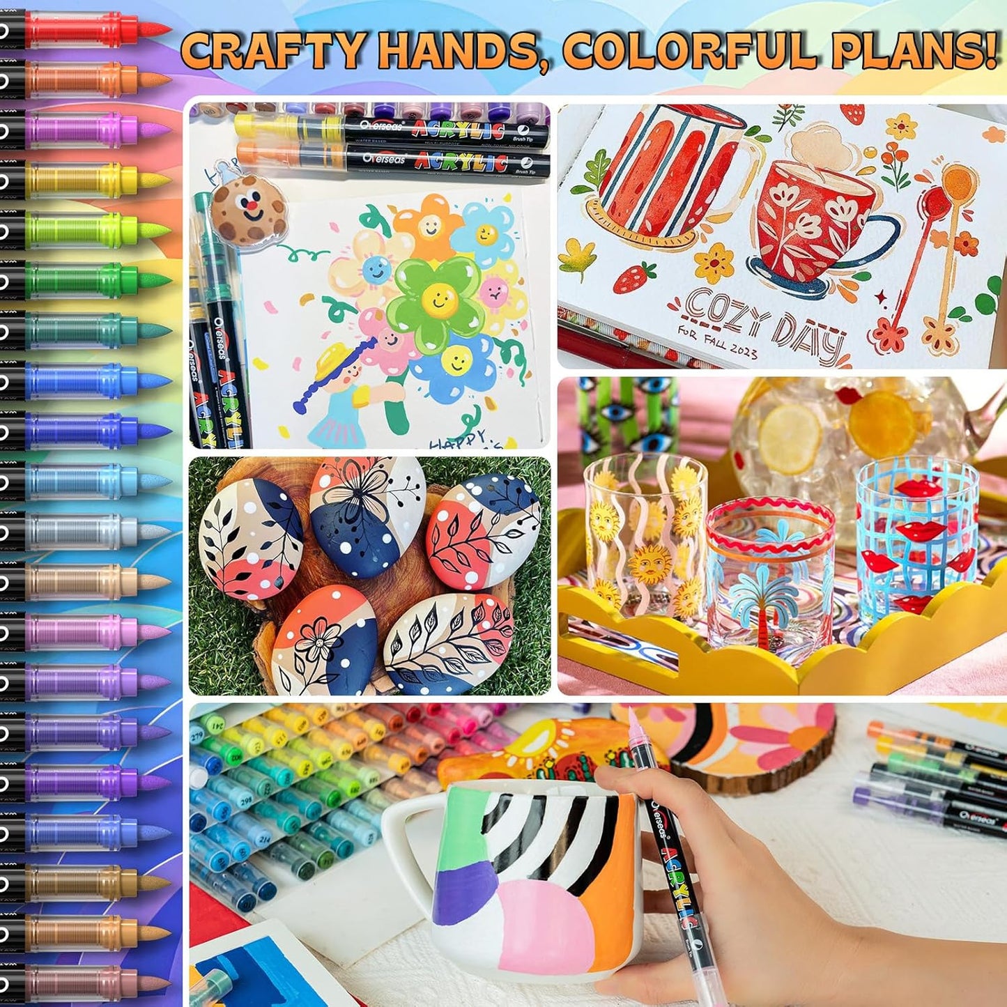 Overseas Acrylic Paint Markers 168 Colors, Brush Tip Paint Pens with Automatic Ink Control System, Quick Drying Liquid Ink Acrylic Marker for Rock, Wood, Canvas, Glass, Fabric, Metal, Plastic, Rubber