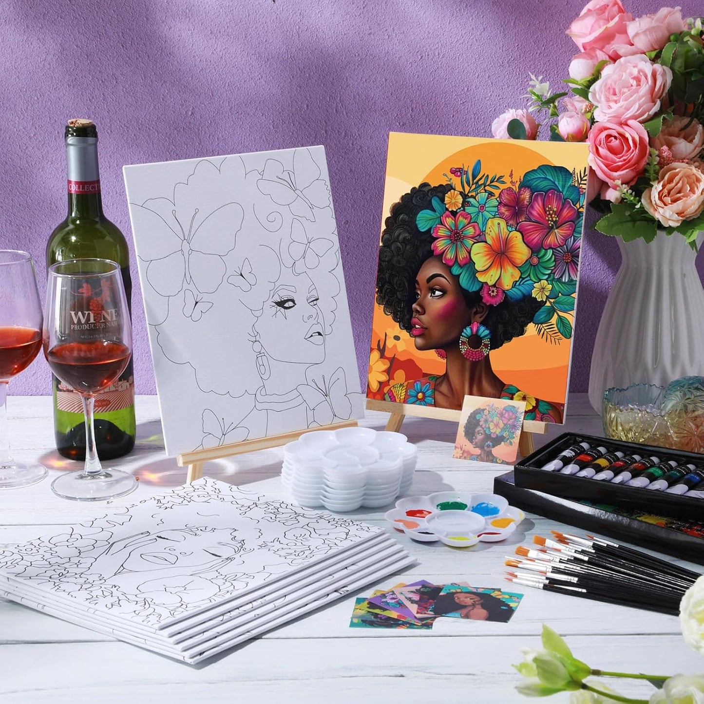 Cholemy 36 Pcs Paint and Sip Kit for Adults 8''x10'' Pre Drawn Canvas for Painting DIY Afro Acrylic Painting Kit Wood Easel Brushes Date Night Bulk for Christmas Party Gifts(Flowers Woman)
