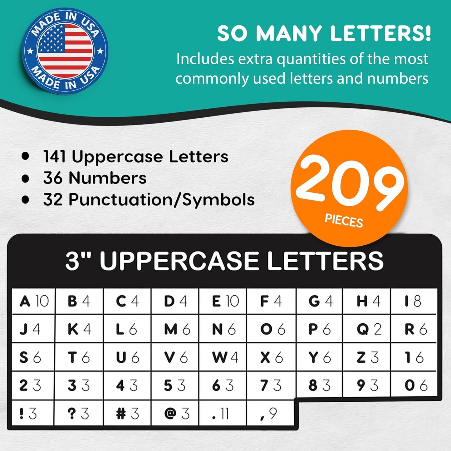 209 Pcs 3" Black Bulletin Board Letters & Numbers, Capital Letters, Numbers, Punctuation, US Made Card Stock Punch Out Letters for Poster, Bulletin Board, Classroom - Precut Letters & Numbers