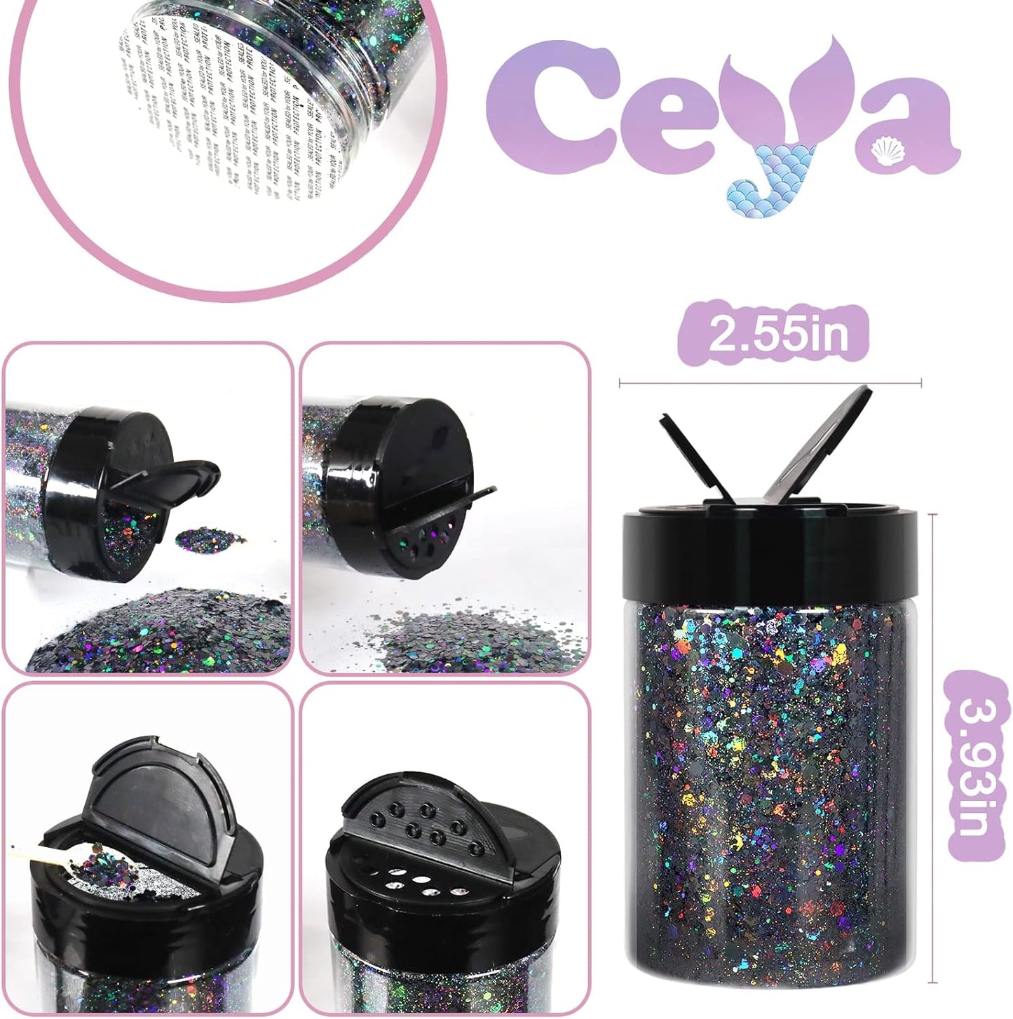 Ceya Holographic Chunky Glitter, 4.9oz/ 140g Silver Grey Craft Glitter Powder Mixed Chunky & Fine Flakes Iridescent Nail Sequins for Nail, Hair, Epoxy Resin, Tumblers, Slime, Painting, Festival Decor