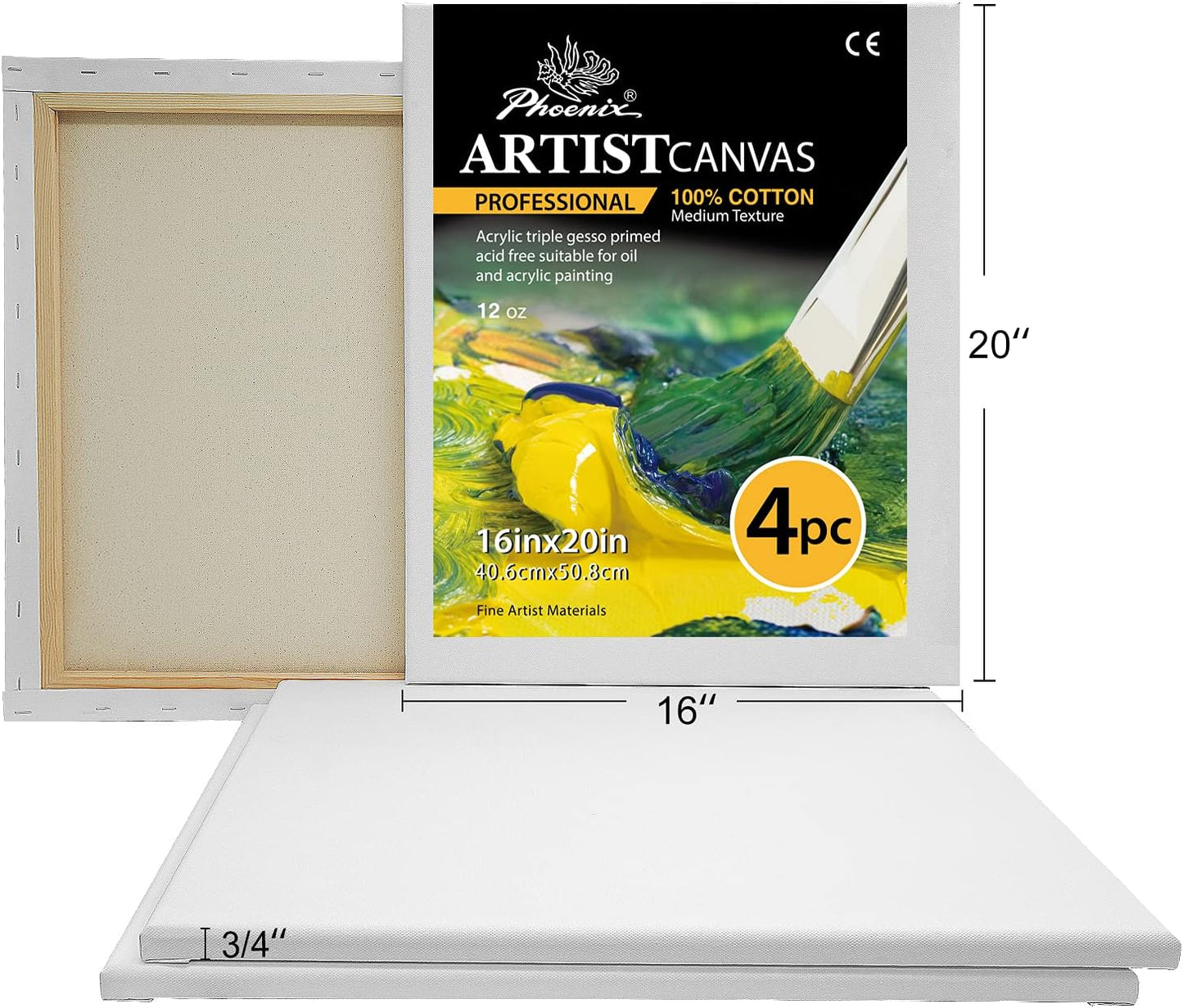 PHOENIX Professional Stretched Canvas for Painting - 16x20 Inch/4 Pack 3/4 Inch Profile, 100% Cotton 12 Oz. Heavy Duty Gesso Triple Primed White Blank Artist Canvases for Oil & Acrylic Paints