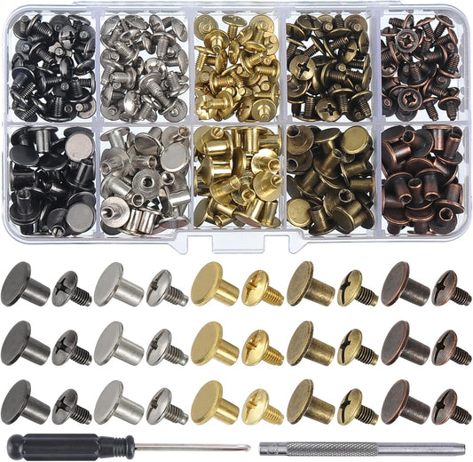 YORANYO 150 Sets 8MM Chicago Screws Leather Rivets for Fabric Chicago Binding Screws Buttons Metal Studs Rivets for Decorate and Repair Belts Bags Shoes Purse Dog Collar Leather Craft (Mixed Color)