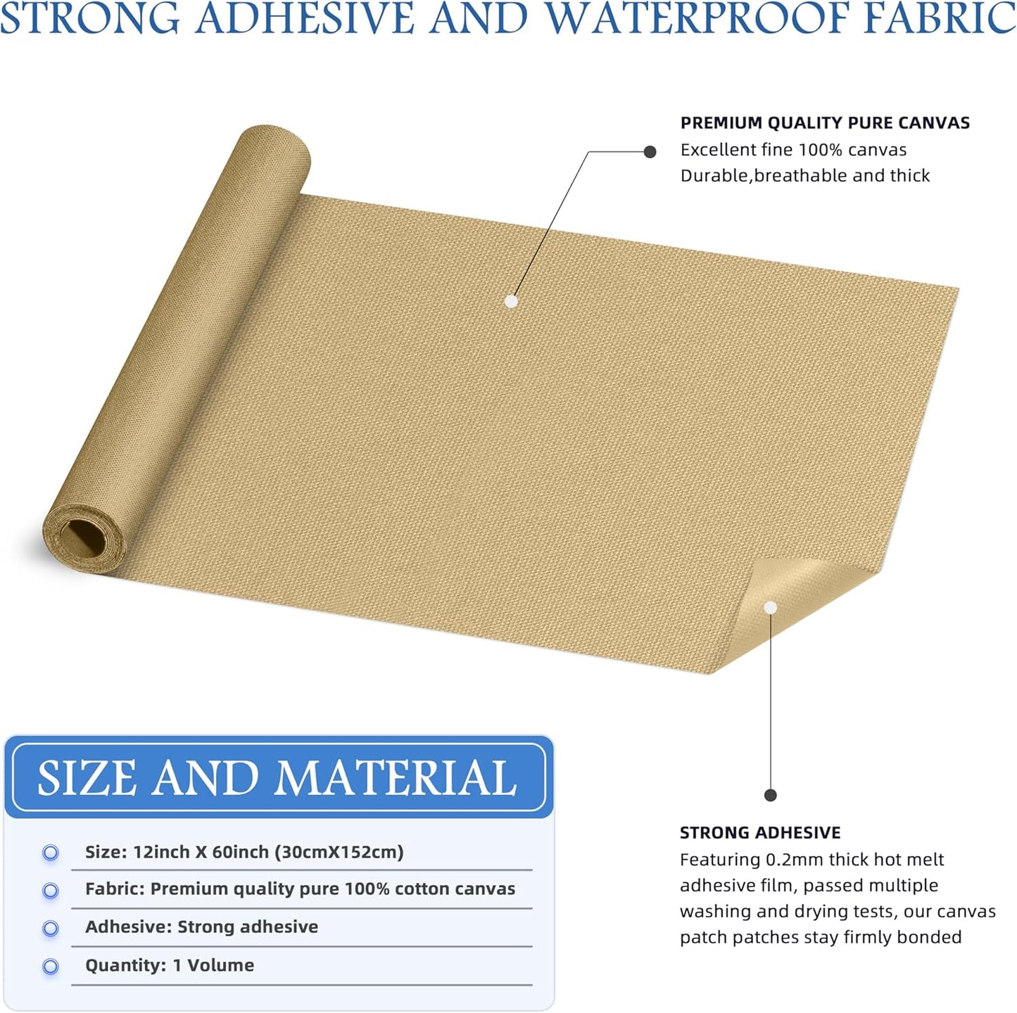 KING MOUNTAIN Canvas Iron on Patch,12"×60",Waterproof 100% Cotton Fabric Repair Patch,Used for Various Sofa,Tent,Clothes,Seats,Suitcases (Flaxen,Waterproof)