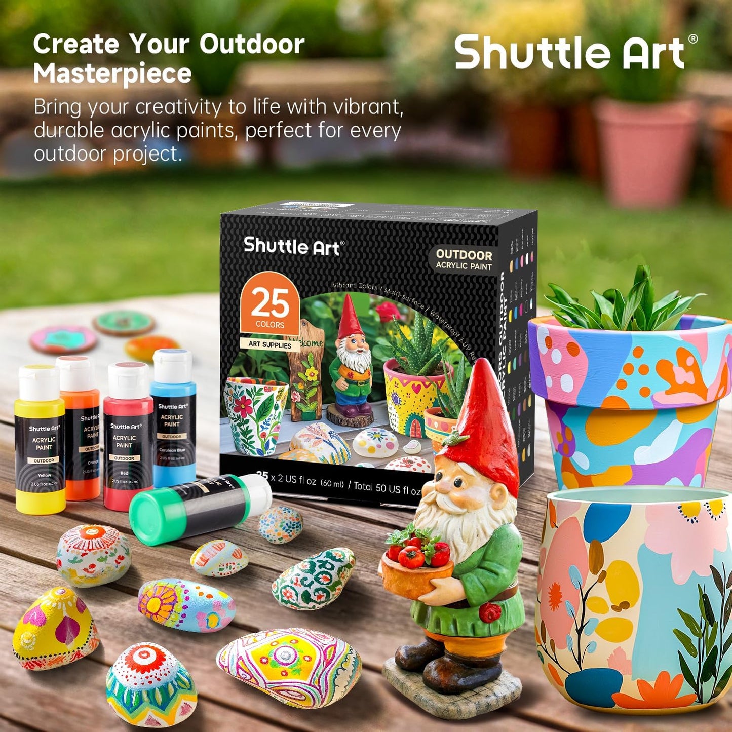 Shuttle Art 25 Colors Outdoor Acrylic Paint Set, 2oz/60ml Waterproof Acrylic Paint with 10 Brushes 1 Palette, Rich Pigmented Paints for Artists, Beginners on Rocks, Wood Crafts, Garden Statues