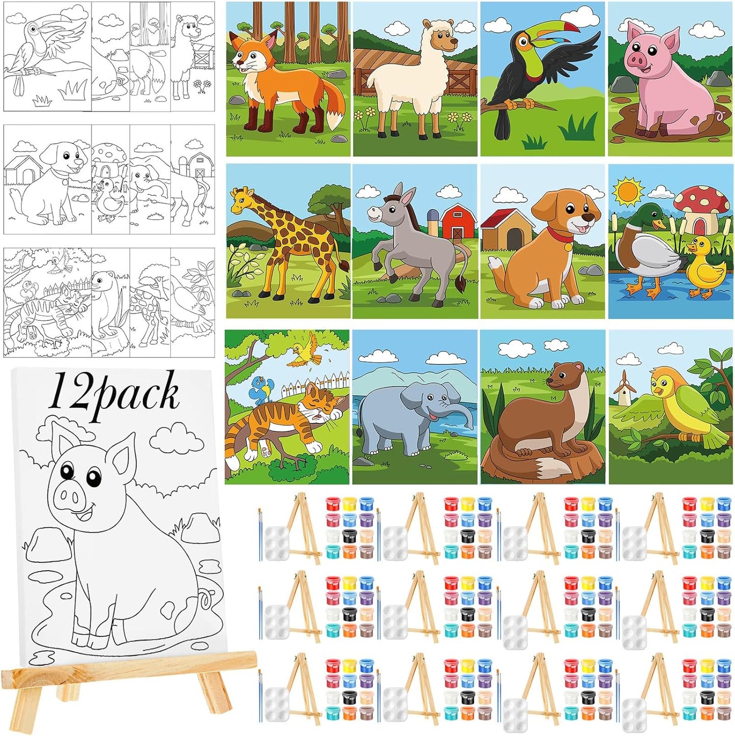 Zhanmai 12 Pack Pre Drawn Canvas for Painting Sip and Paint Kit 8" x 10" Paint Party Set Canvas Painting Pre Printed Canvases for Party Favor DIY Virtual Adult's Date Night(Cartoon Animals)