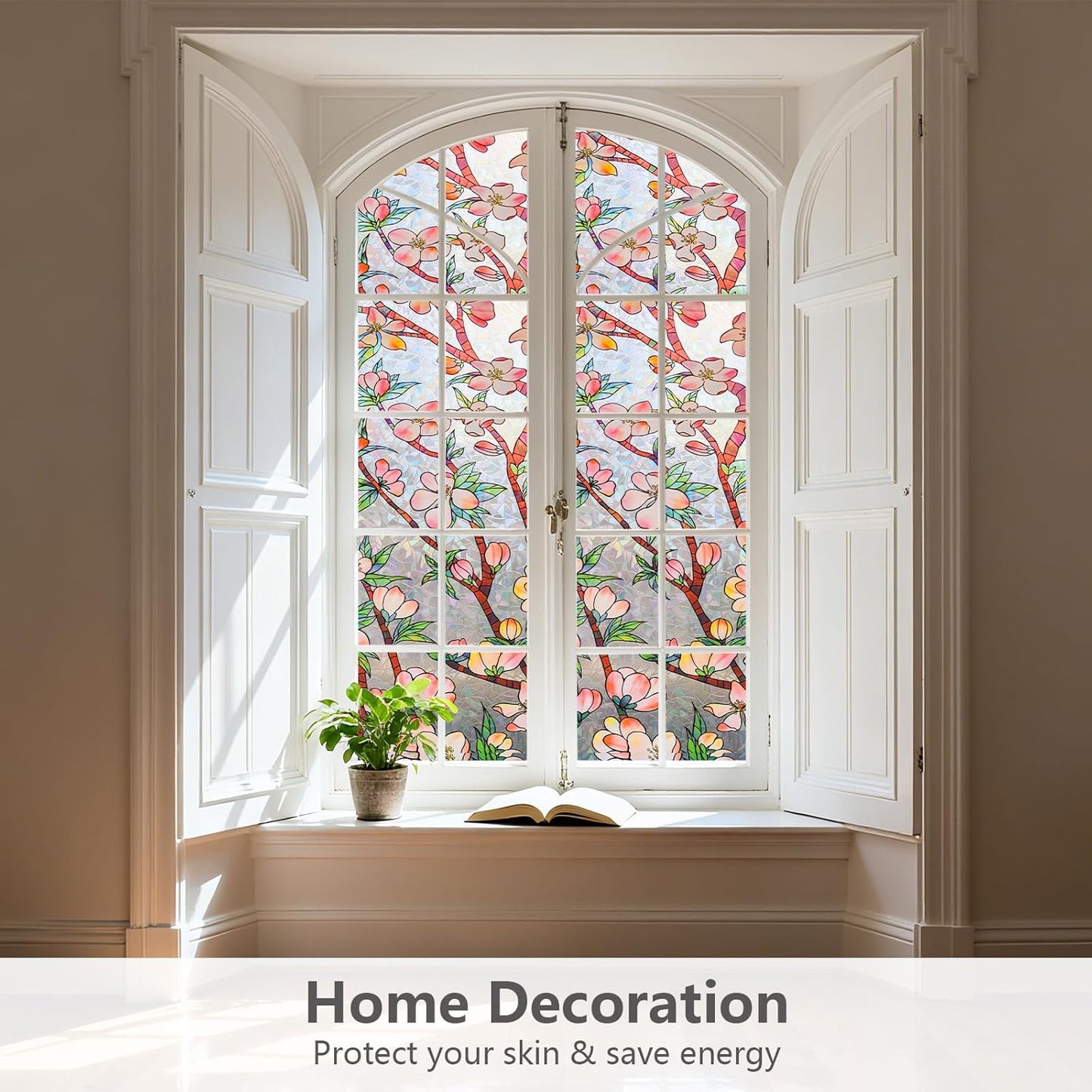 NINETREX Window Privacy Film,3D Stained Glass Window Film,Rainbow Static Cling Stickers Blocks Heat & UV,Non-Adhesive Vinyl for Home Door (Peach Blossom,17.5 x 157.4inch)